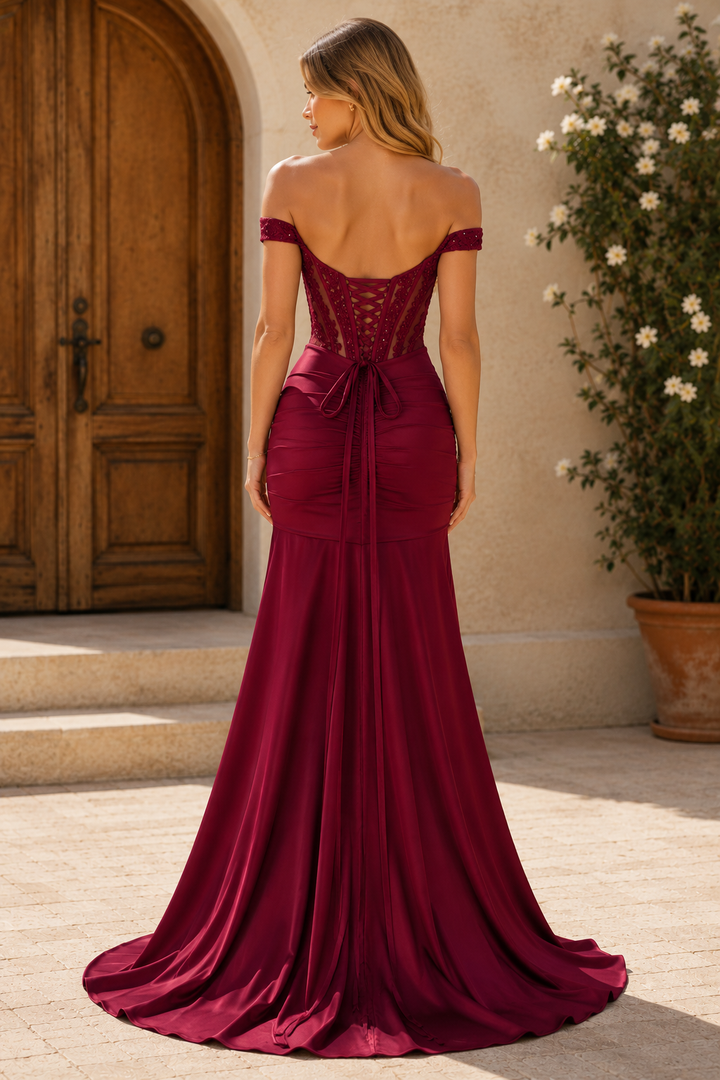 Off-Shoulder Sweetheart Mermaid Pleats High Slit Long Prom Dress