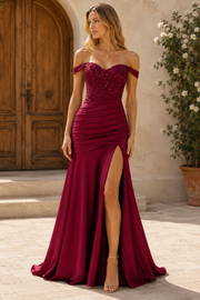 Off-Shoulder Sweetheart Mermaid Pleats High Slit Long Prom Dress