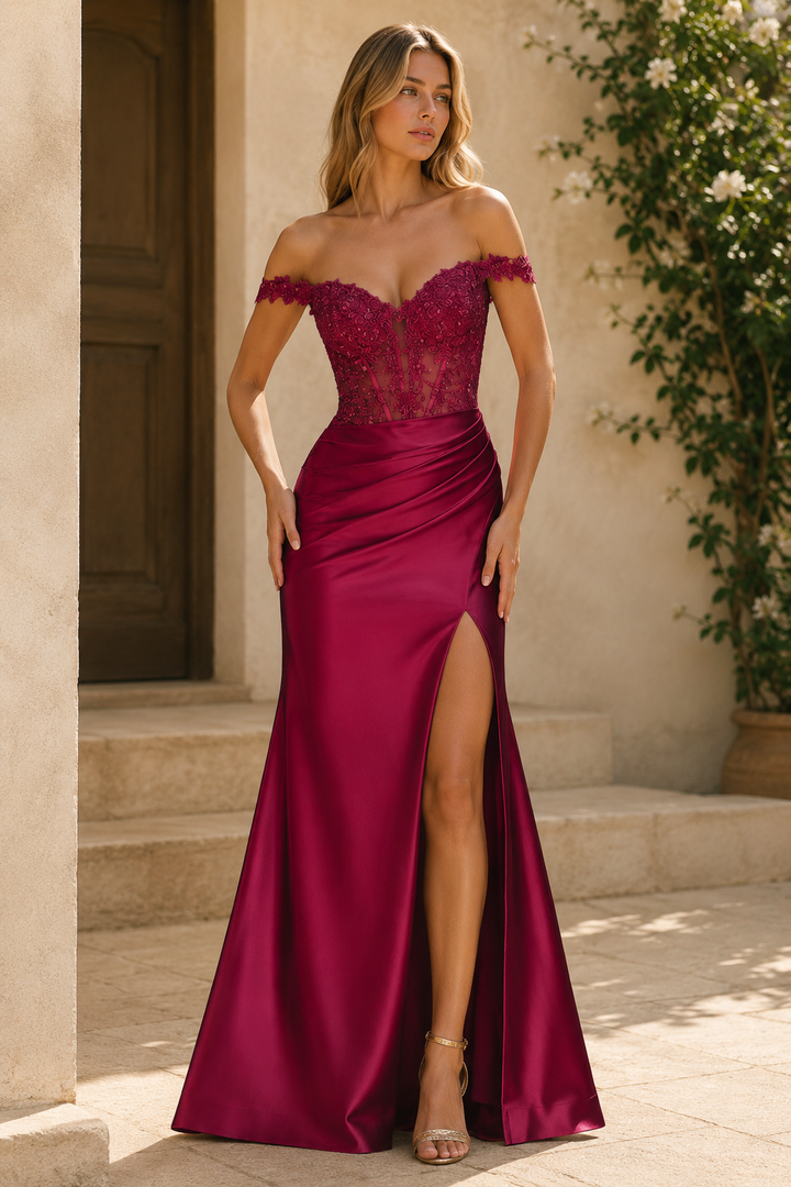 Off-Shoulder Sweetheart Mermaid Pleats Long Prom Dress with High Slit