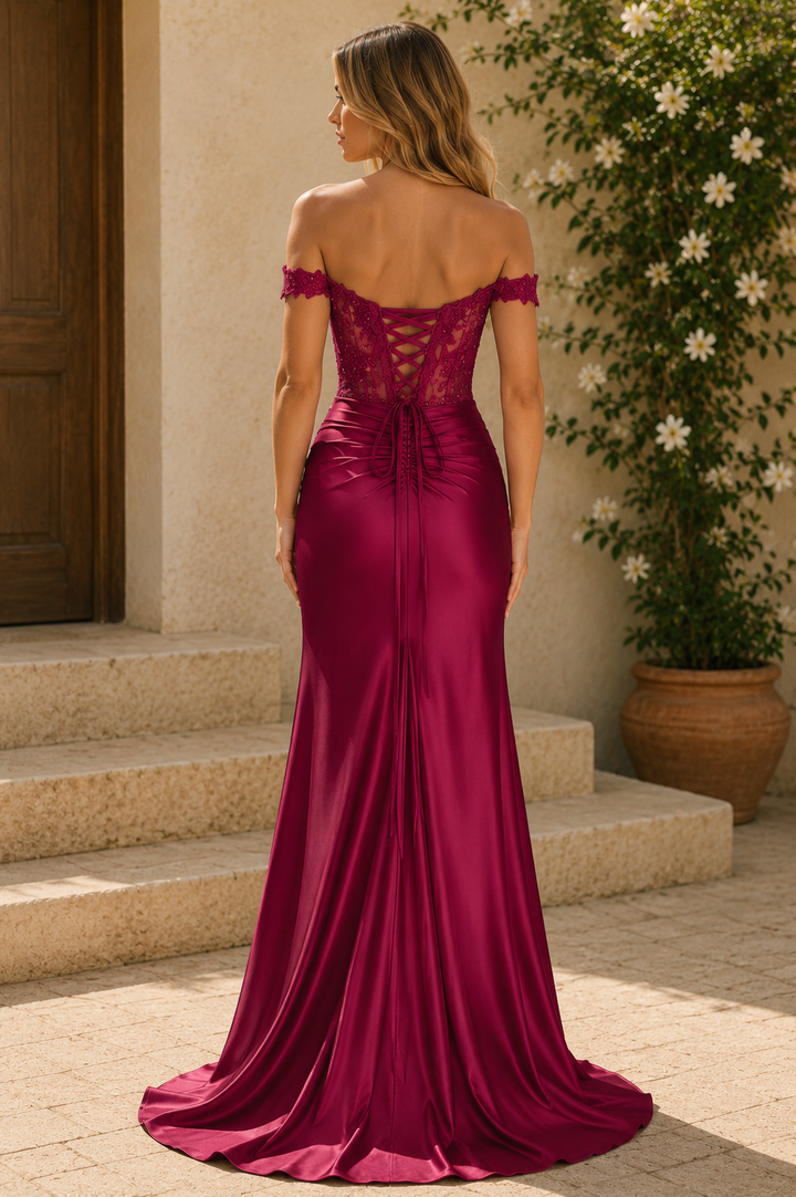 Off-Shoulder Sweetheart Mermaid Pleats Long Prom Dress with High Slit