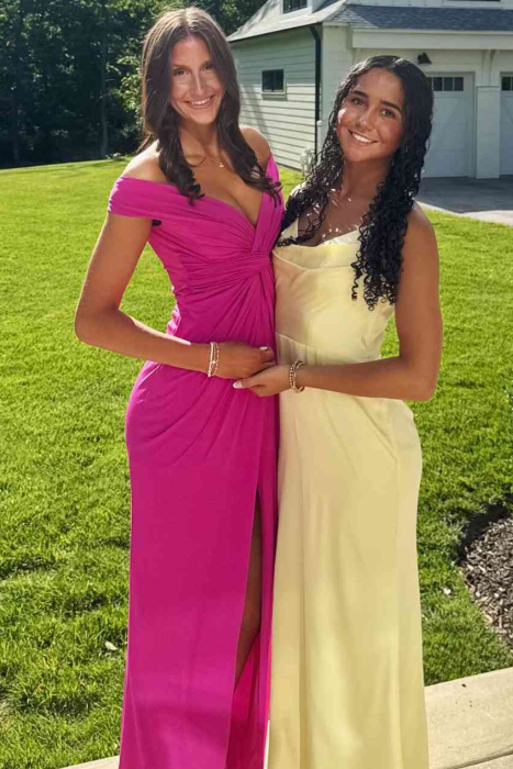 Off-Shoulder V-Neck Twist A-Line Pleats Prom Evening Dress with Slit