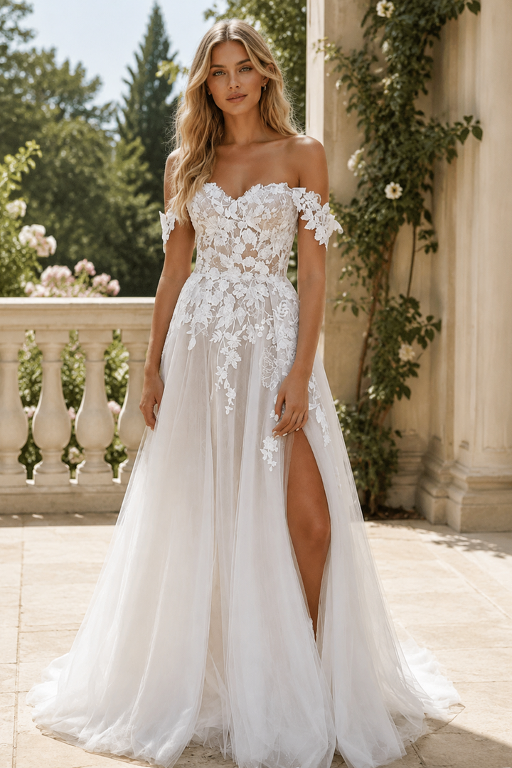 Off-the-Shoulder Floral Lace A-Line Wedding Dress with High Slit Tulle