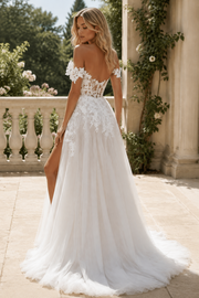 Off-the-Shoulder Floral Lace A-Line Wedding Dress with High Slit Tulle