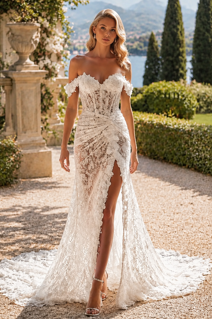 Off Shoulder Lace Mermaid Wedding Dress with Sheer Corset High Slit Train