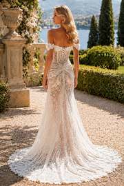 Off Shoulder Lace Mermaid Wedding Dress with Sheer Corset High Slit Train