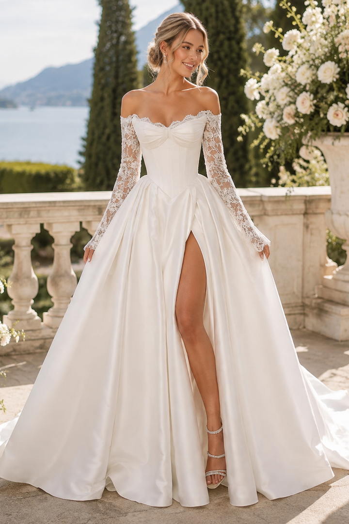 Off Shoulder Long Sleeve Satin Ball Gown Wedding Dress with High Slit