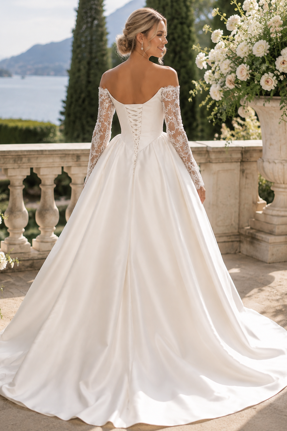 Off Shoulder Long Sleeve Satin Ball Gown Wedding Dress with High Slit