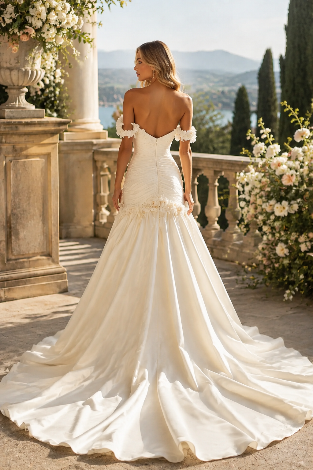Off Shoulder Satin A-Line Wedding Dress with 3D Floral Appliques Train