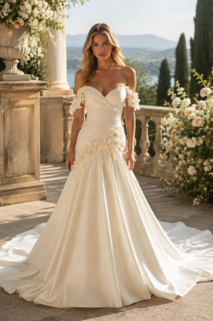 Off Shoulder Satin A-Line Wedding Dress with 3D Floral Appliques Train