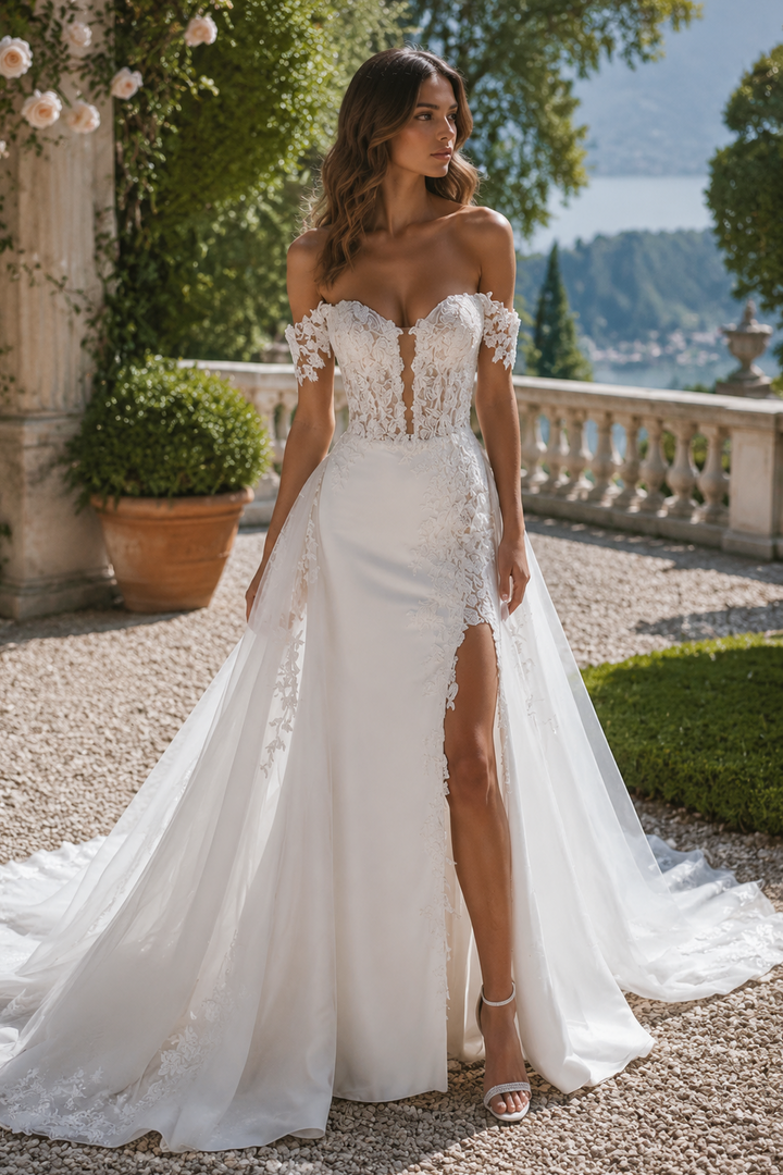 Off Shoulder Satin Lace Bohemian Wedding Dress with High Slit Train
