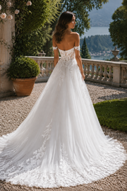 Off Shoulder Satin Lace Bohemian Wedding Dress with High Slit Train