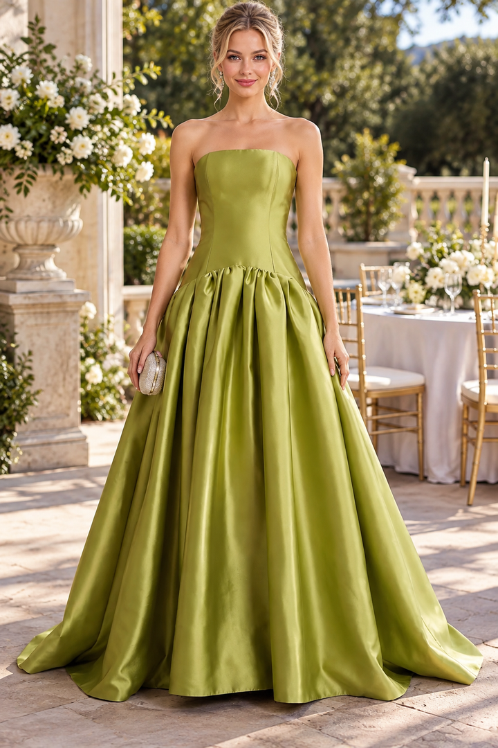 Olive Green A-Line Strapless Pleated Satin Empire-Waist Sleeveless Prom Evening Dress