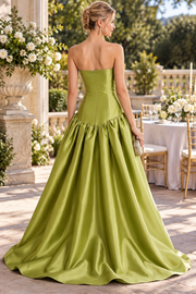 Olive Green A-Line Strapless Pleated Satin Empire-Waist Sleeveless Prom Evening Dress