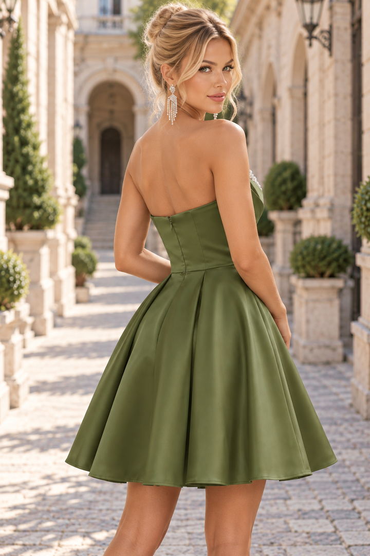 Olive Green A-Line Strapless V-Neck Pearls Empire-Waist Homecoming Dress