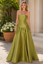 Olive Green Strapless A-Line Satin Pleated Prom Evening Dress with Bow