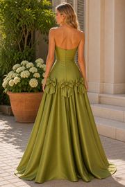 Olive Green Strapless A-Line Satin Pleated Prom Evening Dress with Bow