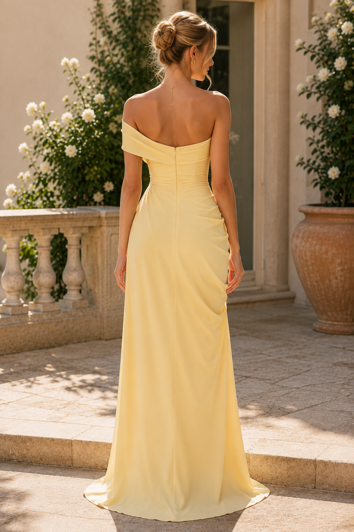 One Shoulder Ruched High Slit Satin Long Prom Formal Dress