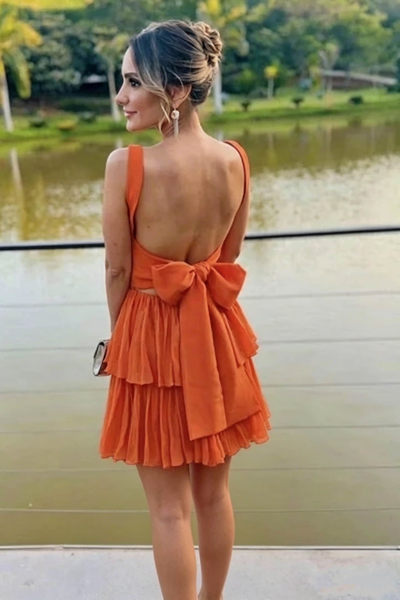 Orange A-Line Layered Square Chiffon Sleeveless Short Homecoming Dress