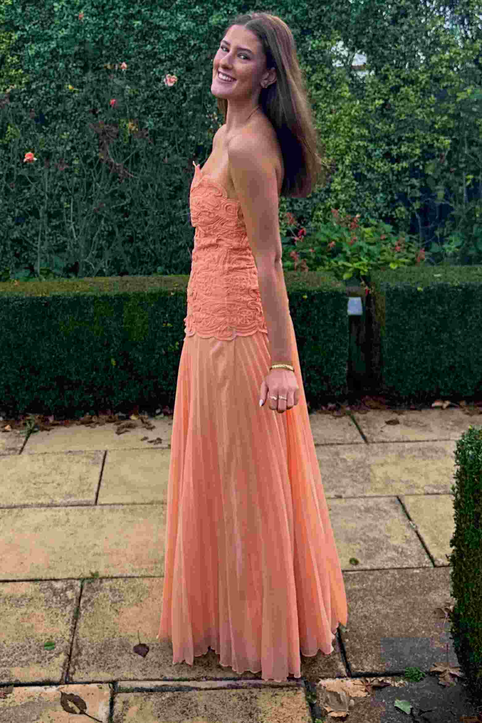 Orange A-Line Strapless Appliques Chiffon Pleated Long Prom Dress