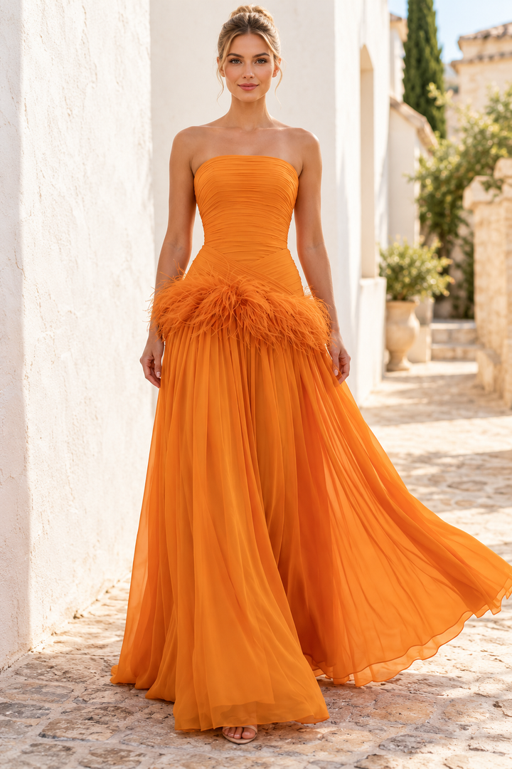 Orange A-Line Strapless Scoop Neck Chiffon Prom Evening Dress with Feathers