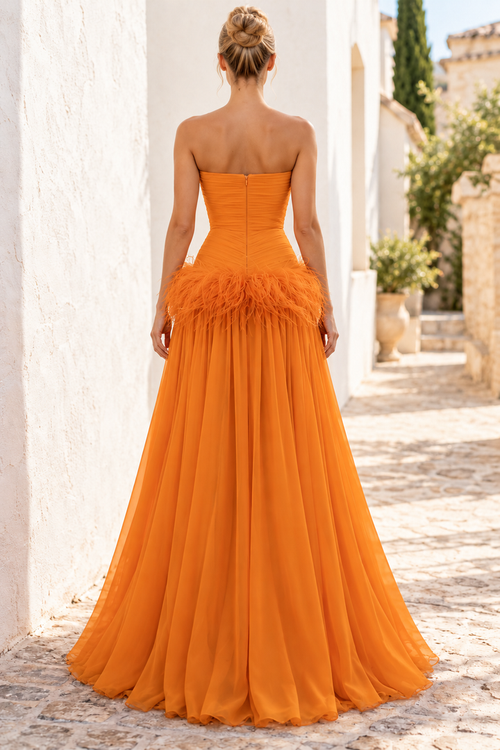 Orange A-Line Strapless Scoop Neck Chiffon Prom Evening Dress with Feathers