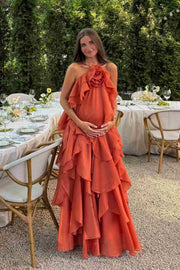 Orange Halter A-Line Ruffles Sleeveless Long Prom Evening Formal Dress