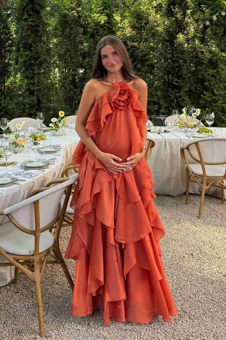 Orange Halter A-Line Ruffles Sleeveless Long Prom Evening Formal Dress