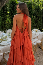 Orange Halter A-Line Ruffles Sleeveless Long Prom Evening Formal Dress