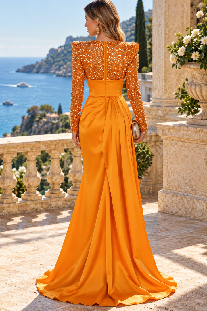 Orange Long Sleeves Deep V-Neck Pleats Prom Evening Dress with Sequin