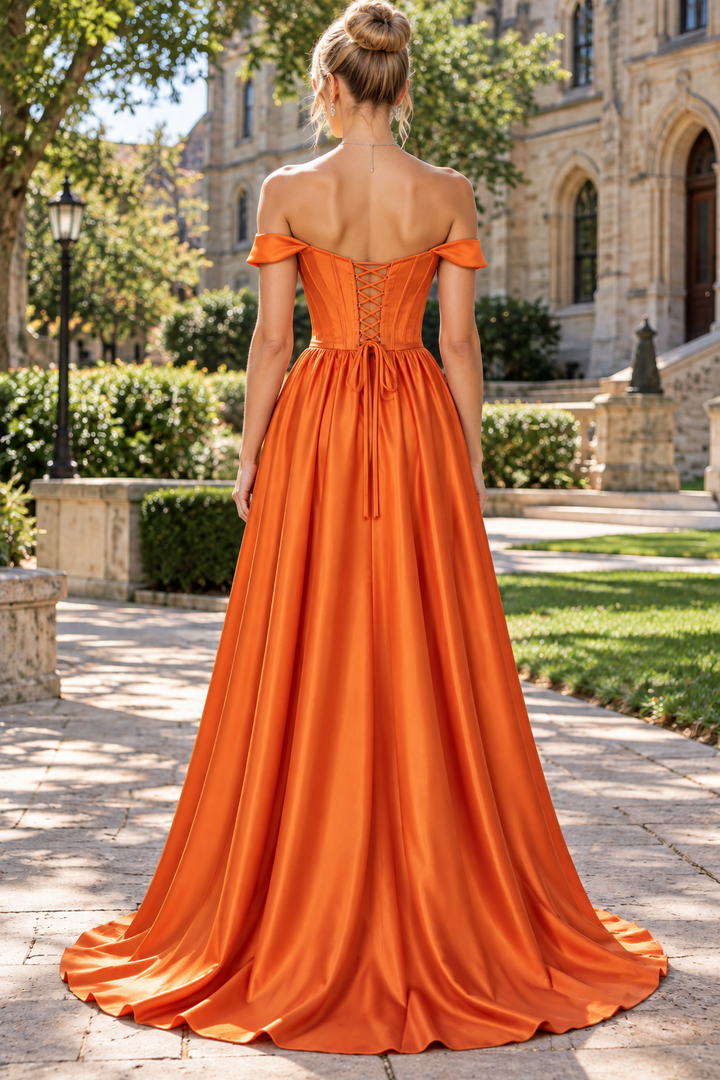 Orange Off-Shoulder A-Line Empire-Waist Pleats Long Prom Evening Dress with Slit