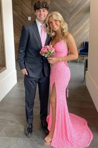 Spaghetti Straps V-Neck Sequined Mermaid Prom Formal Dress
