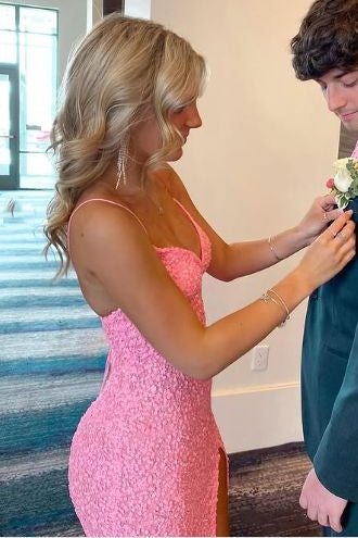 Spaghetti Straps V-Neck Sequined Mermaid Prom Formal Dress