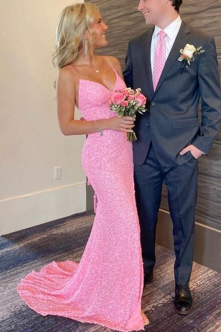 Mermaid Pink Sequins Long Formal Dress with Slit