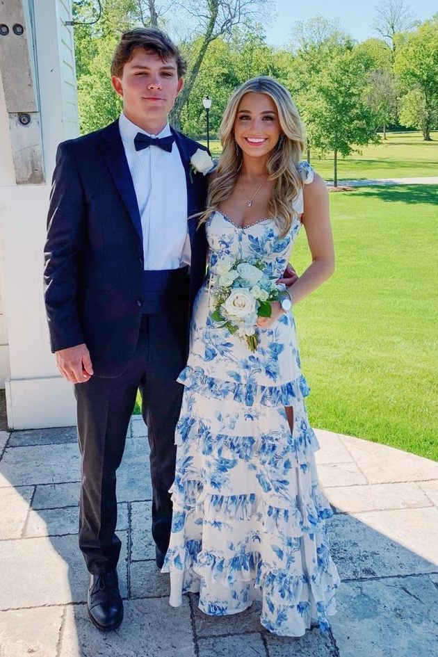 A-Line Strapless Print Sleeveless Tiered Long Prom Dress