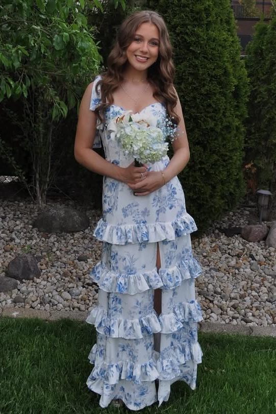 A-Line Strapless Print Sleeveless Tiered Long Prom Dress