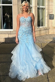 Pink Strapless Sleeveless Appliques Mermaid Ruffles Long Prom Dress