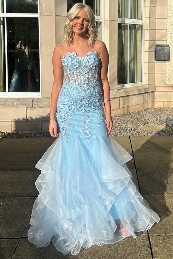 Pink Strapless Sleeveless Appliques Mermaid Ruffles Long Prom Dress