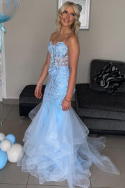 Pink Strapless Sleeveless Appliques Mermaid Ruffles Long Prom Dress