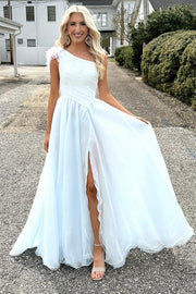 One-Shoulder Ruching A-Line Long Prom Dress with feathers in white