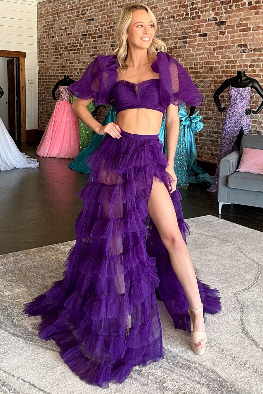 Two-Piece Tulle A-Line Long Prom Dress with Puff Sleeves Modsele Two-Piece Tulle A-Line Long Prom Dress with Puff Sleeves Modsele