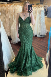 Green Lace Beaded Sweetheart Trumpet Long Prom Gown