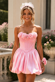 Pink 3D Floral Strapless Corset Bubble Homecoming Mini Dress for Women