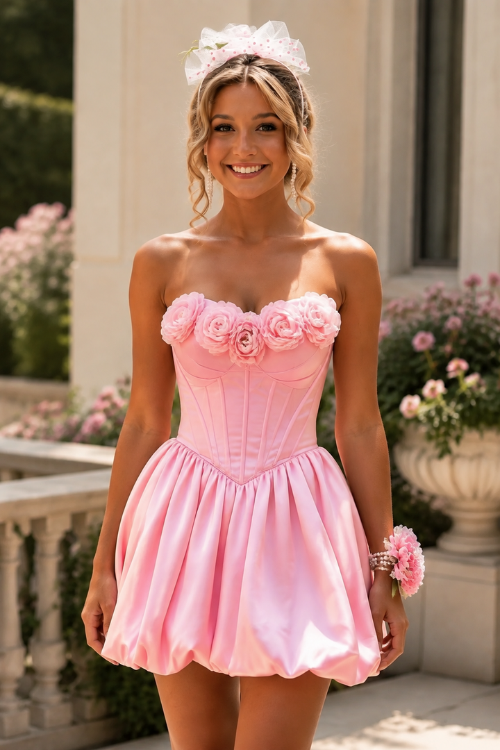 Pink 3D Floral Strapless Corset Bubble Homecoming Mini Dress for Women