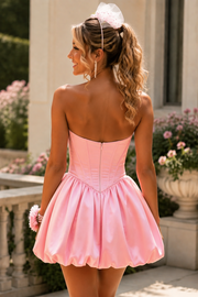 Pink 3D Floral Strapless Corset Bubble Homecoming Mini Dress for Women