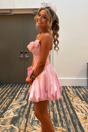 Pink 3D Floral Strapless Corset Bubble Homecoming Mini Dress for Women