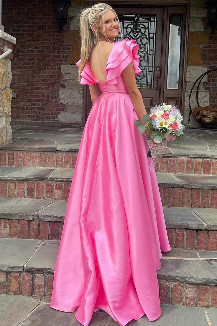 A-Line Pink V-Neck Sleeveless Satin Ruched Long Prom Dress with Slit