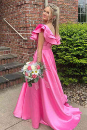 A-Line Pink V-Neck Sleeveless Satin Ruched Long Prom Dress with Slit