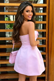 Pink A-Line Strapless 3D Flower Empire-Waist Satin Short Homecoming Dress