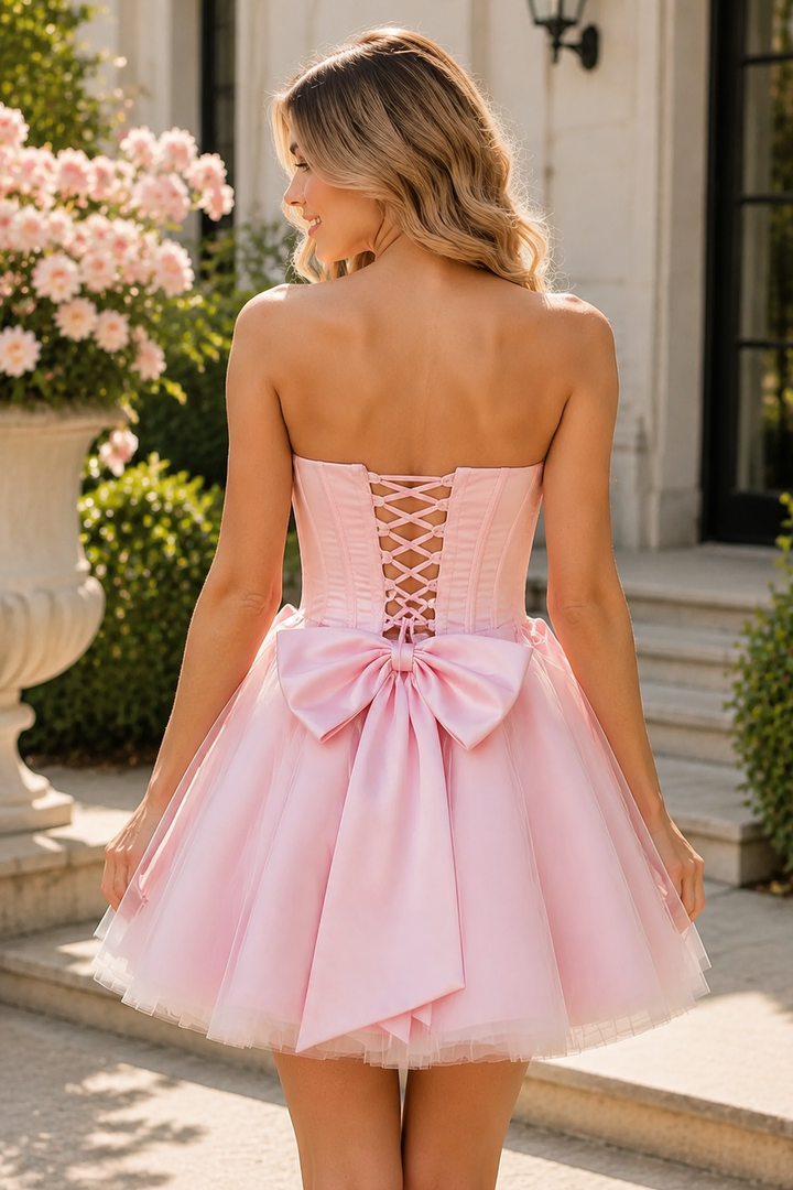 Pink A-Line Strapless Empire-Waist Bow Short Homecoming Dress