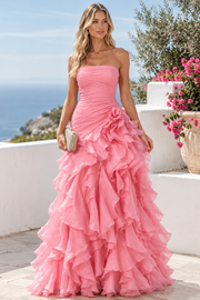Pink A-Line Strapless Empire-Waist Ruffles Chiffon Long Prom Evening Dress